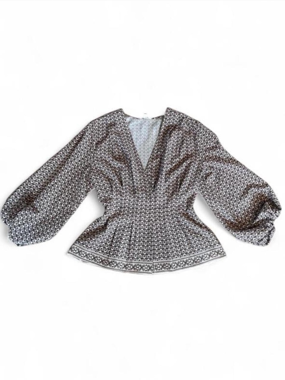 Max Studio Smocked Waist V-Neck Peplum Blouse, geometric micro-pattern, XL